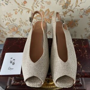 Castaner Gold Glitter Slingback Peep-Toe Wedges